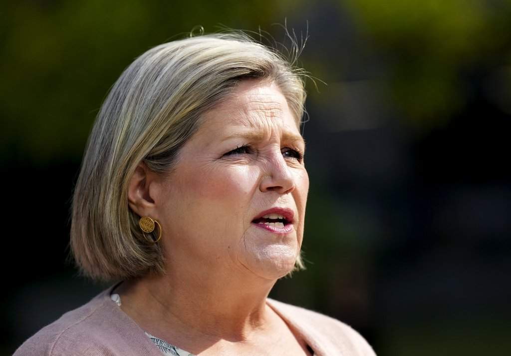 Andrea Horwath speaks to the media at a press conference in Toronto on May 30, 2022. THE CANADIAN PRESS/Nathan Denette.