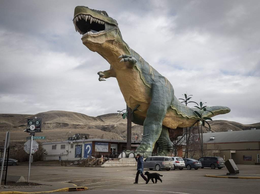 Tyra the Tyrannosaurus, the lovable landmark that towers over the Drumheller skyline in the heart of the Canadian Badlands, is facing an extinction-level event and is pictured in Drumheller, Alta., Tuesday, April 1, 2025. THE CANADIAN PRESS/Jeff McIntosh