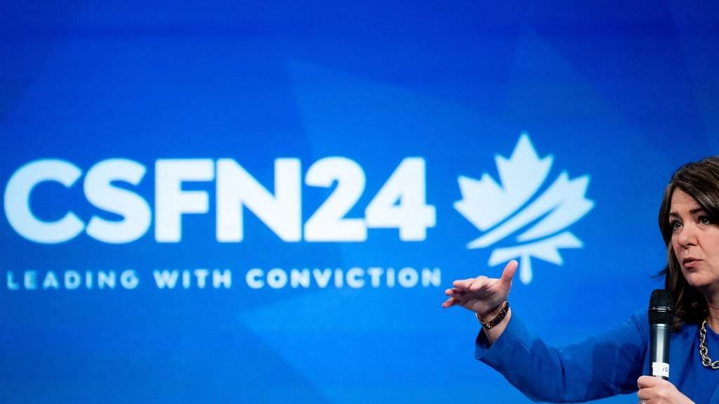 Alberta Premier Danielle Smith speaks during a fireside chat during the Canada Strong and Free Network event in Ottawa on April 12, 2024.