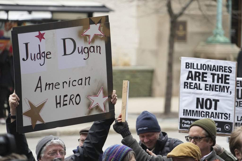 Supporters of Judge Hannah Dugan hold a rally in Milwaukee at the U.S. Courthouse in Milwaukee on Friday, April 25, 2025.