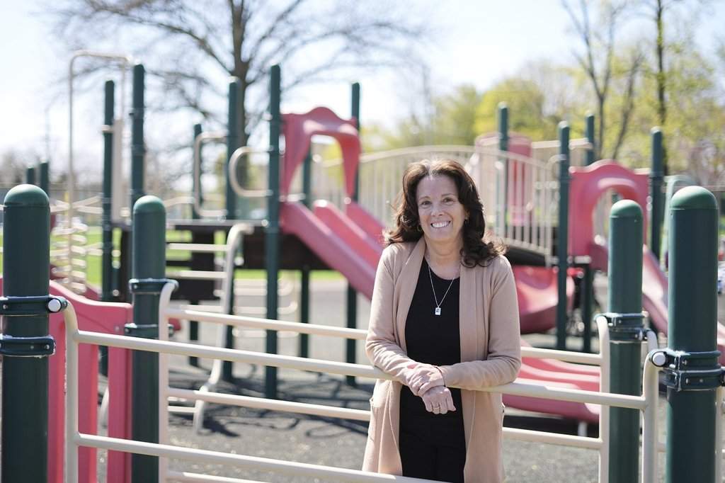 Jane Gaudreau, mother of hockey players Johnny and Matthew Gaudreau who were fatally struck by a motorist while riding bicycles, poses for a photograph at Archbishop Damiano School in Westville, N.J., Wednesday, April 9, 2025.