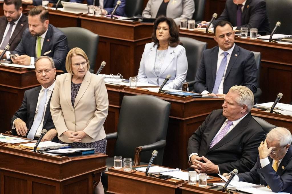 Ontario Health Minister Sylvia Jones stands in the Ontario legislature in Toronto on Oct. 21, 2024. 