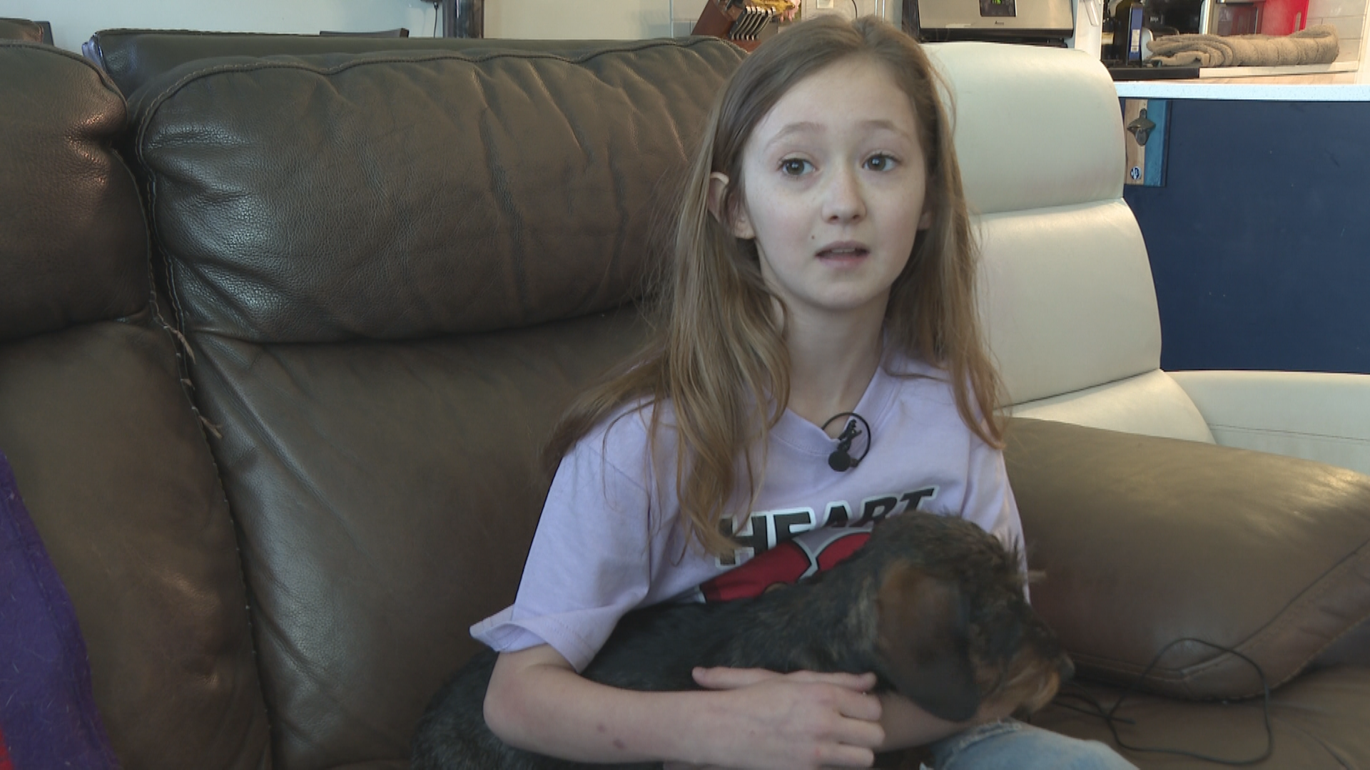 A young girl holding a dog.