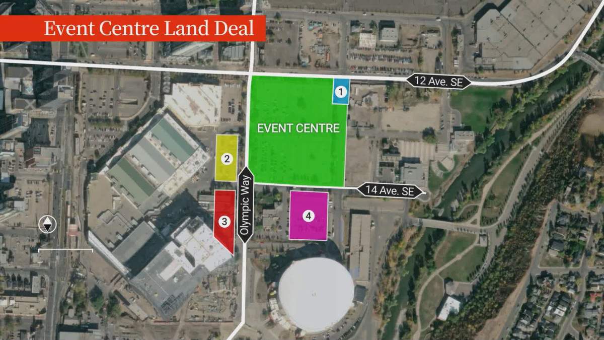 The four parcels of city-owned land Calgary Sports and Entertainment Corporation has options to purchase and develop as part of the deal. The city purchased sites 2 and 3 from the Calgary Stampede.