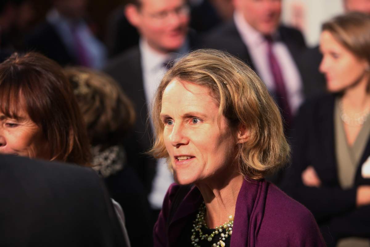 Diana Carney, wife of Mark Carney, governor of the Bank of England, speaks with attendees during an event to mark the 125th anniversary of the Financial Times in London, U.K., on Thursday, Oct. 24, 2013. U.K. economic growth accelerated to its fastest pace in more than three years in the third quarter as the recovery continued across all main industries. Photographer: Chris Ratcliffe/Bloomberg via Getty Images