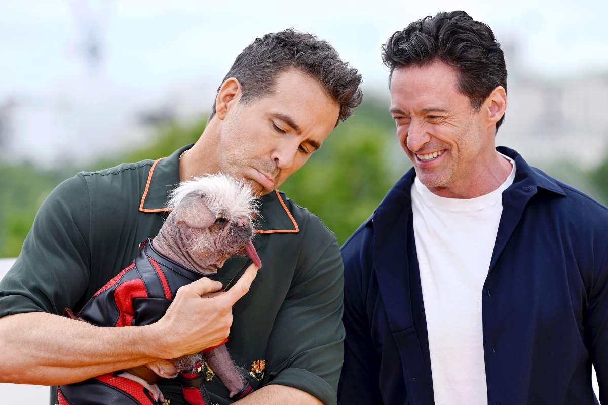 Ryan Reynolds, Peggy aka Dogpool the “UK’s Ugliest Dog Winner” and Hugh Jackman attend the photocall for "Deadpool & Wolverine" at the IET Building, Savoy Place on July 12, 2024 in London, England.