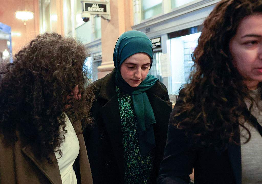 Mahmoud Khalil's wife Noor Abdalla (C) leaves after a hearing in court in Newark, New Jersey on March 28, 2025.