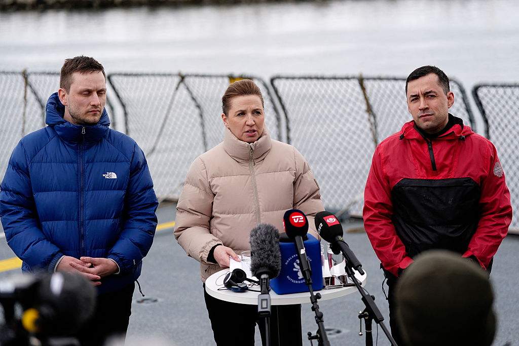 Denmark's Prime Minister Mette Frederiksen (C), Greenland's acting head of government Múte Bourup Egede (R) and newly elected head of government Jens-Frederik Nielsen (L) hold a press conference aboard the Danish Navy inspection ship Vaedderen in Nuuk, Greenland, on April 3, 2025.
