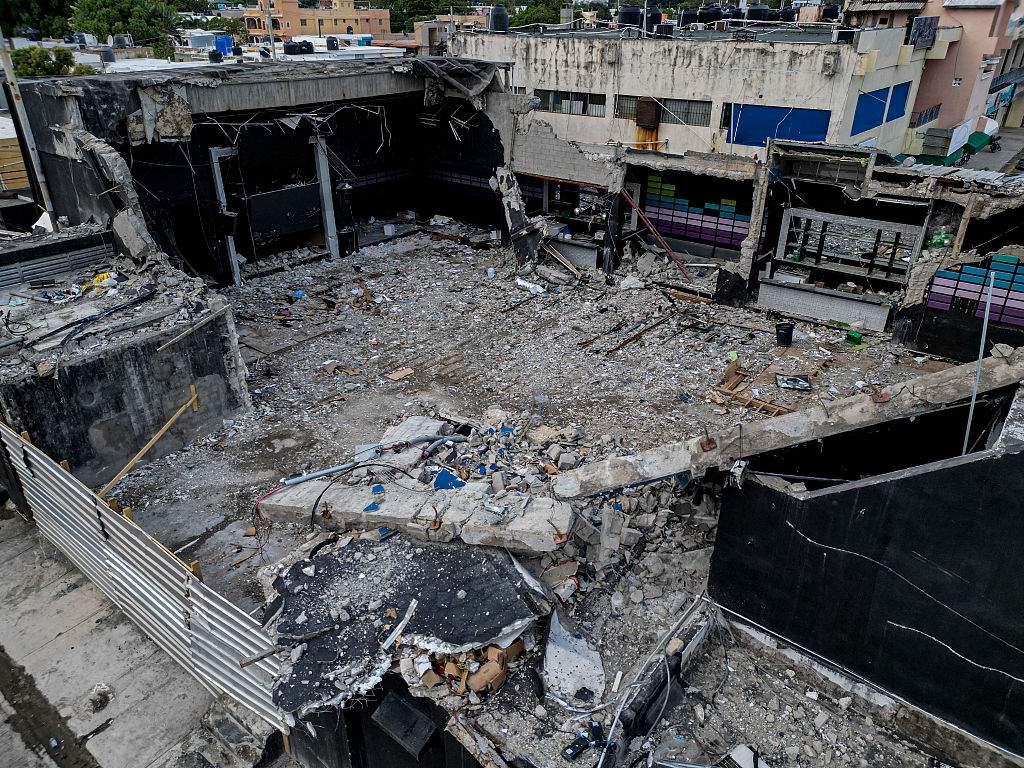This aerial view shows the cleaned area of the roof collapse at the Jet Set nightclub in Santo Domingo on April 11, 2025.
