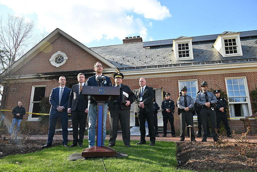 Pennsylvania Governor Josh Shapiro speaks during a press conference outside of the Governor's Mansion after an arsonist sets fire to the Governor's Residence in a targeted attack in Harrisburg, Pennsylvania, United States on April 13, 2025. On April 13, 2025, at approximately 2:00 a.m., members of the Harrisburg Bureau of Fire responded to the Governor's Residence, located on North Front Street, Harrisburg City, Dauphin County, for the report of a fire. While the fire was successfully extinguished, it caused a significant amount of damage to a portion of the residence. The Governor and his family were present in a different part of the residence. They were evacuated safely and were not injured.