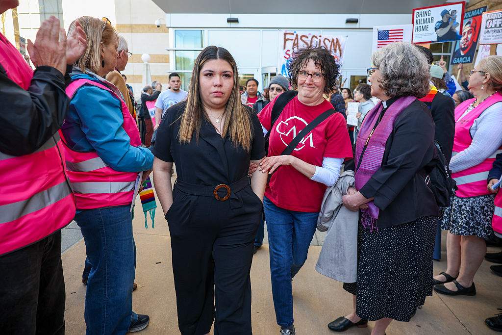 Jennifer Vasquez Sura, the wife of Kilmar Abrego Garcia, who was mistakenly deported to El Salvador, leaves Federal Court on April 15, 2025 in Greenbelt, Maryland. The Trump administration admits Abrego Garcia was deported accidentally, but has not yet acted on a judge's order to facilitate his return to the U.S.