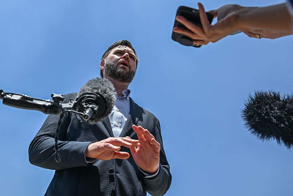 Vice President JD Vance speaks to media as he departs Agra, India en route to Jaipur, India after visiting the Taj Mahal on April 23, 2025.