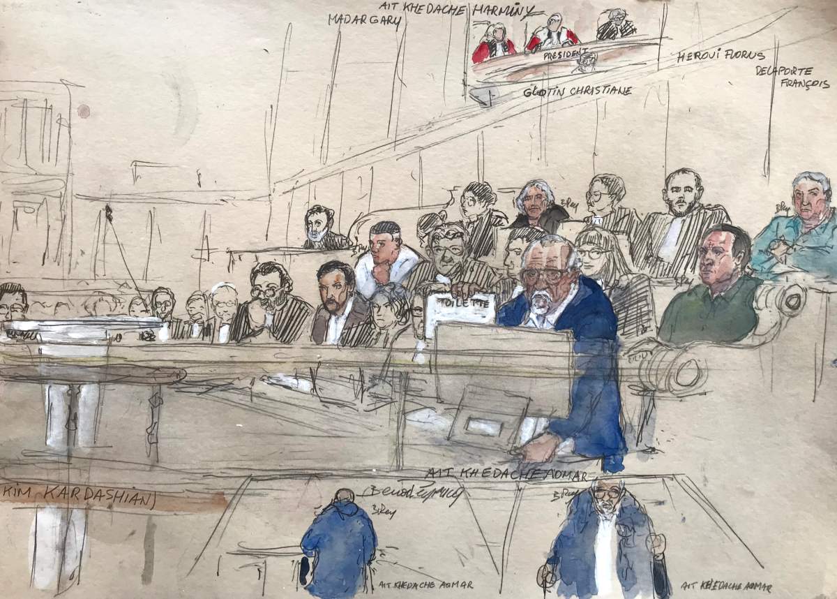 This court sketch made on April 28, 2025 shows defendants Aomar Ait Khedache (C, front), Francois Delaporte (R, up), Florus Heroui (2nd R, up) and Christiane Glotin (4th T, up) during the trial for the 2016 robbery and kidnapping of US celebrity Kim Kardashian at the Assize Court of Paris, on April 28, 2025.