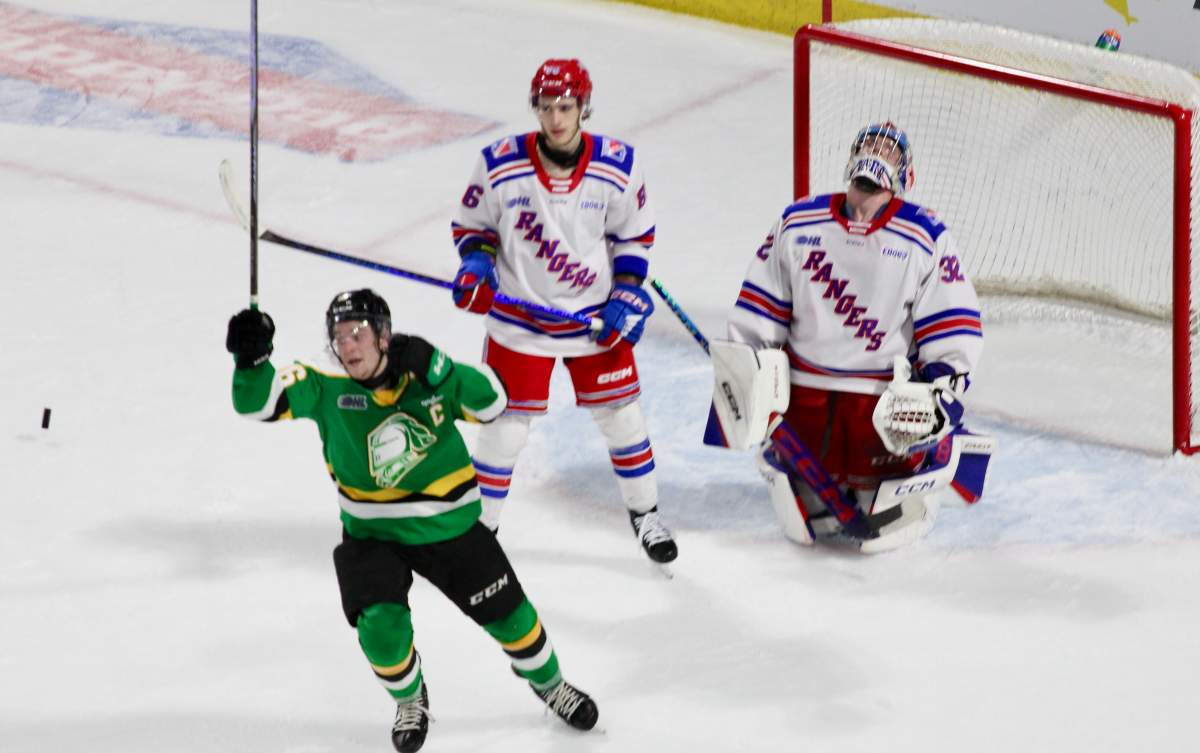 Sam Dickinson of the London Knights celebrates a goal that came with 10.2 seconds remaining in the opening period of Game 1 of the OHL's Western Conference Championship series on Apr. 25, 2025 at Canada Life Place.