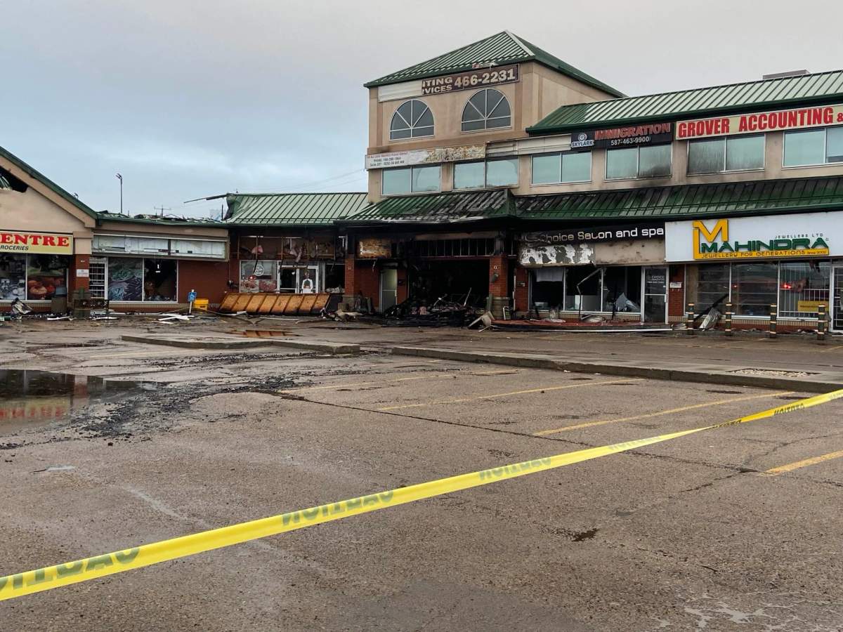 A fire broke out overnight at the Plaza 34 strip mall near 34 Avenue and 92 Street in southeast Edmonton on Tuesday, April 8, 2025.