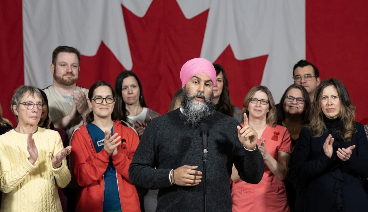 NDP Leader Jagmeet Singh makes a health care announcement during a federal election campaign stop in Edmonton on Tuesday, April 1, 2025.
