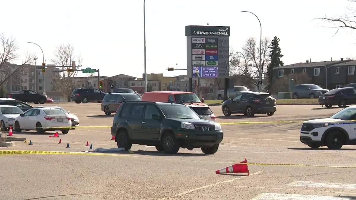 The scene of a fatal collision in Sherwood Park, Alta. on Thursday, April 17, 2025.