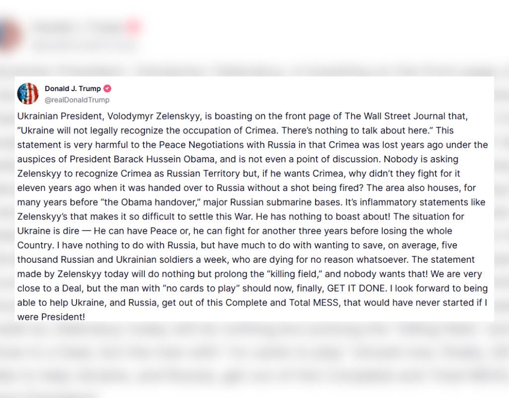 Donald Trump said in a Truth Social post on Wednesday, April 23, that President Zelenskyy should hand over Crimea to Russia to secure a ceasefire deal.
