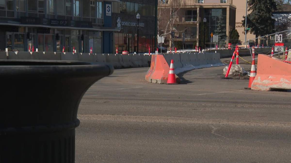 Valley Line LRT West construction along Stony Plain Road at 124 Street in April 2025.