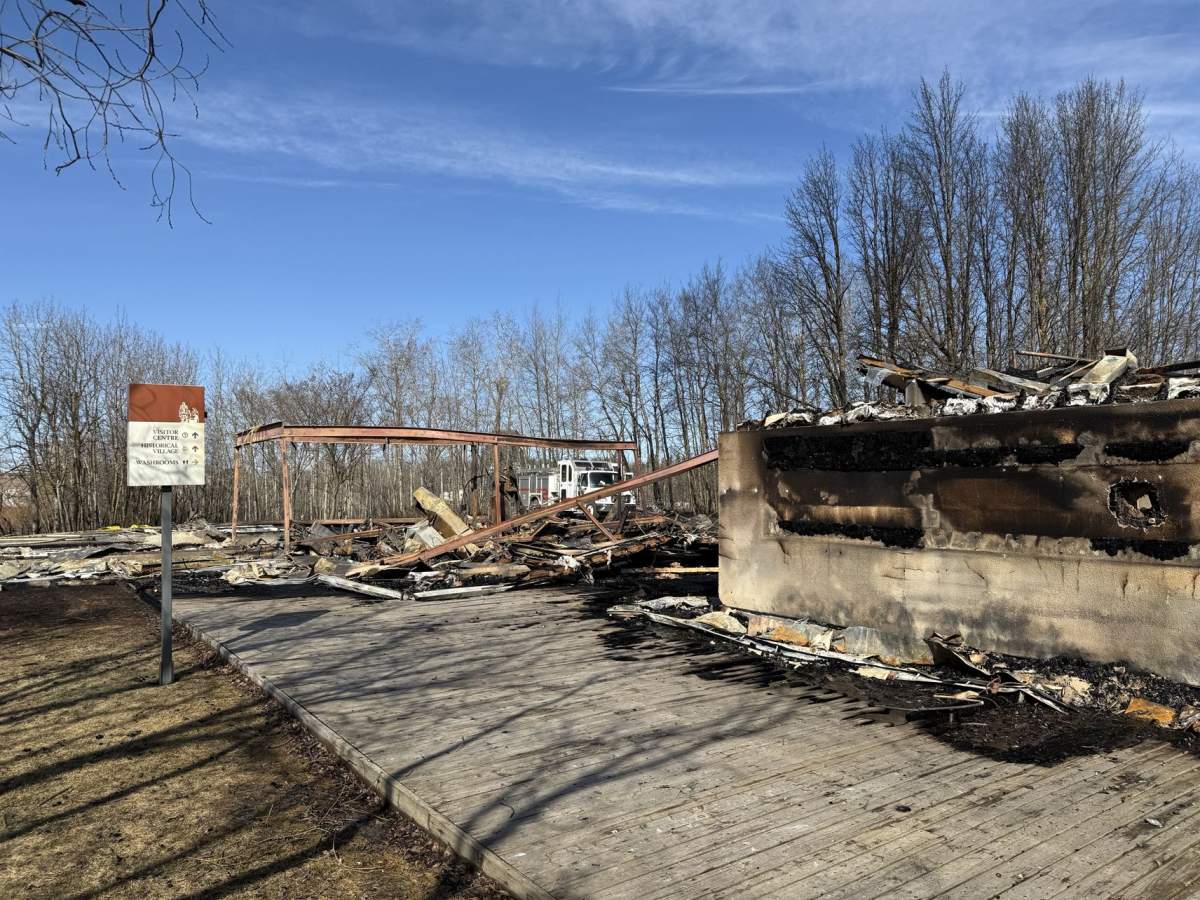 The Ukrainian Cultural Heritage Village east of Edmonton is seen on April 19, 2025, one day after a fire burned through the area.