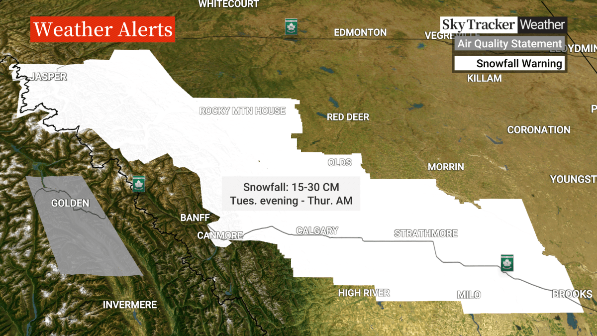 The areas covered by the snowfall warning could see total accumulations of between 15 and 30 centimetres of snow.
