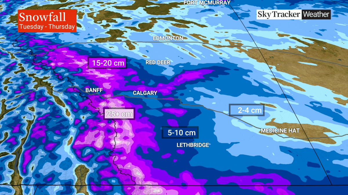 This map shows where the heaviest snowfall totals are expected with most of the snow falling in a band along the eastern slopes of the Rockies.
