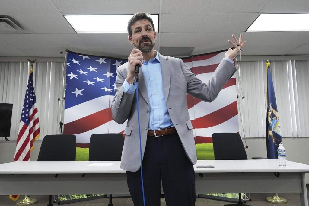 Ryan Kelley speaks at the Jackson County Republican headquarters, Thursday, April 10, 2025, in Jackson, Mich.
