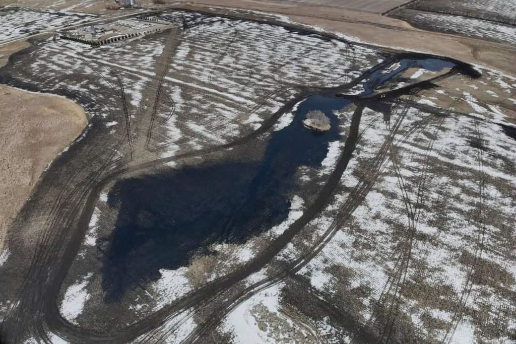 This image provided by South Bow shows a spill from the Keystone oil pipeline that occurred Tuesday, April 8, 2025 near Fort Ransom, N.D.