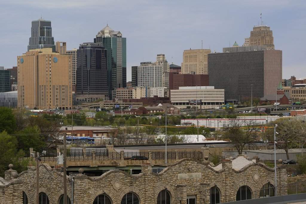 The Richard Bolling federal building is seen at right among other downtown landmarks, Monday, April 14, 2025, in Kansas City, Mo.