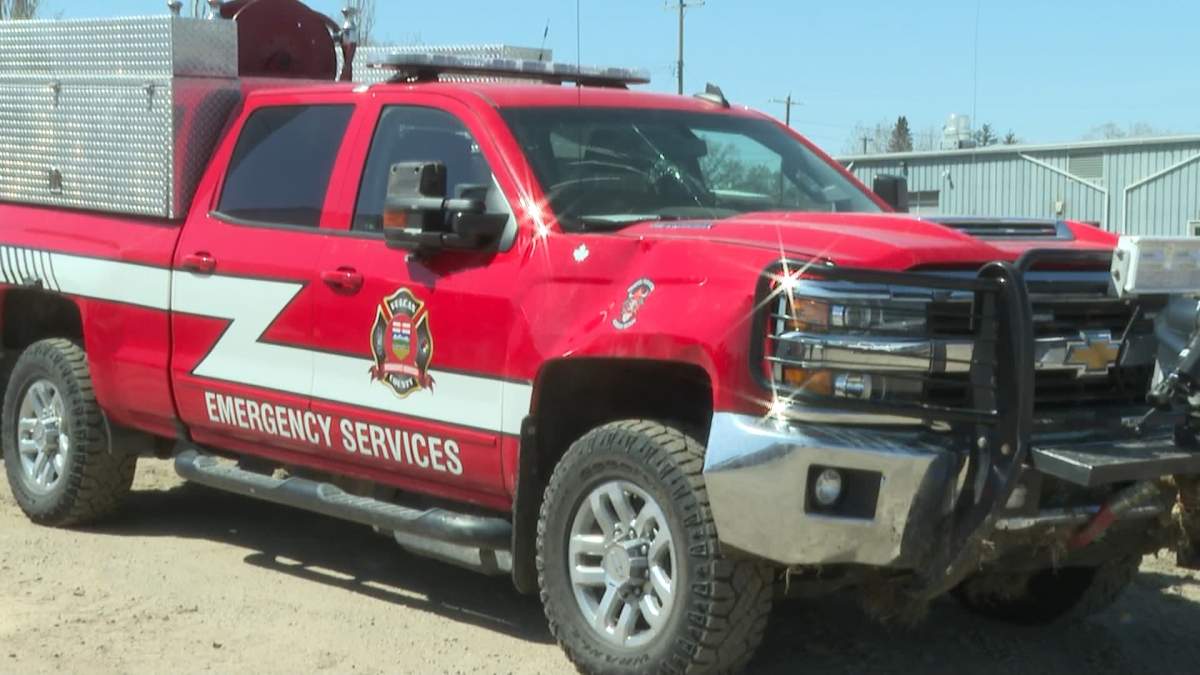 One man has been arrested and police are still searching for a second suspect after two fire trucks from Champion, Alta., were taken on a joy ride earlier this month and damaged so badly they were written off.