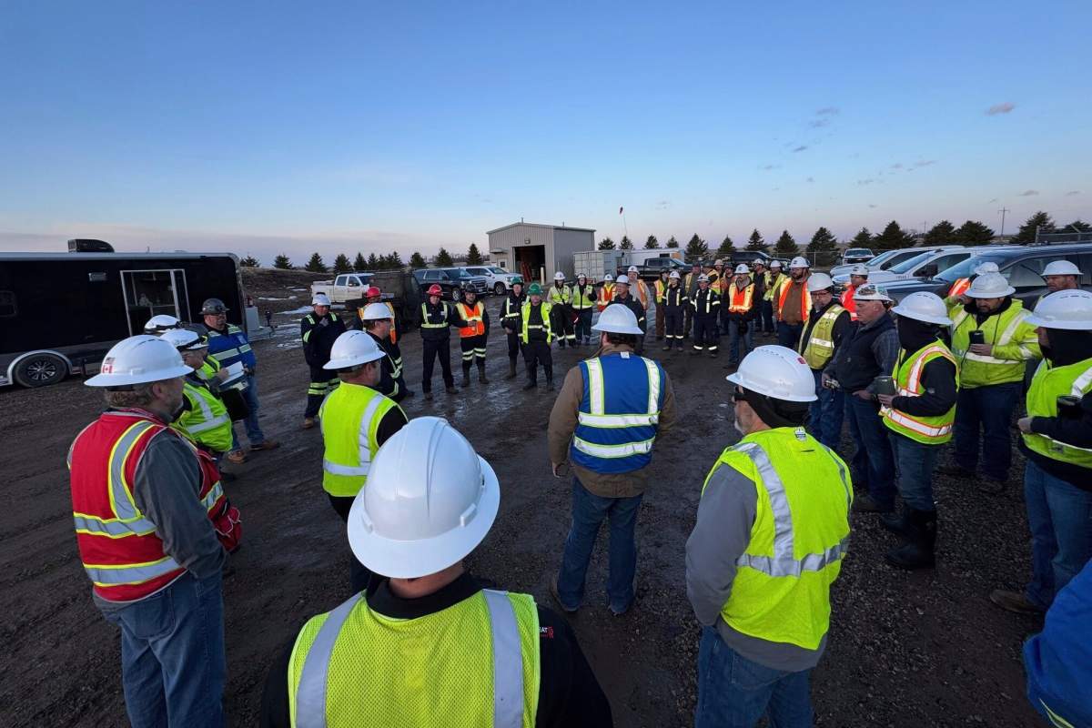 This photo provided by South Bow shows workers gathered to respond to the Keystone oil pipeline spill that occured Tuesday, April 8, 2025. near Fort Ransom, N.D.