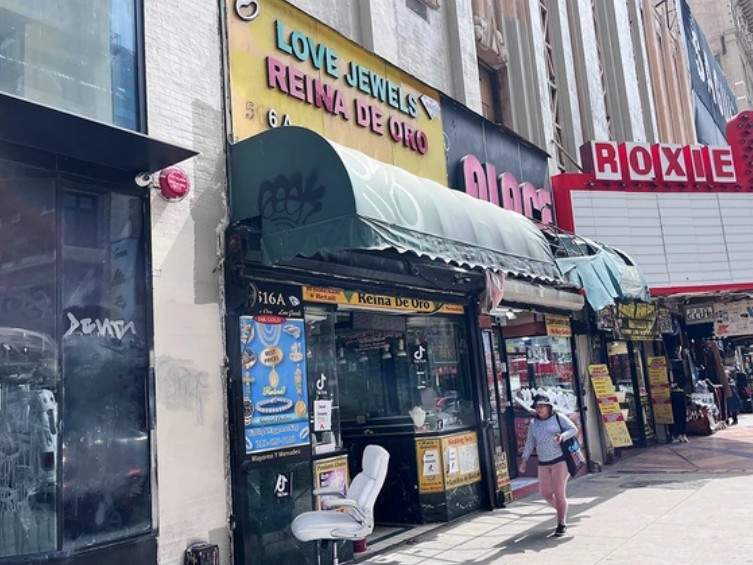 The exterior of the Love Jewels store after a weekend robbery, in Los Angeles on Tuesday, April 15, 2025.