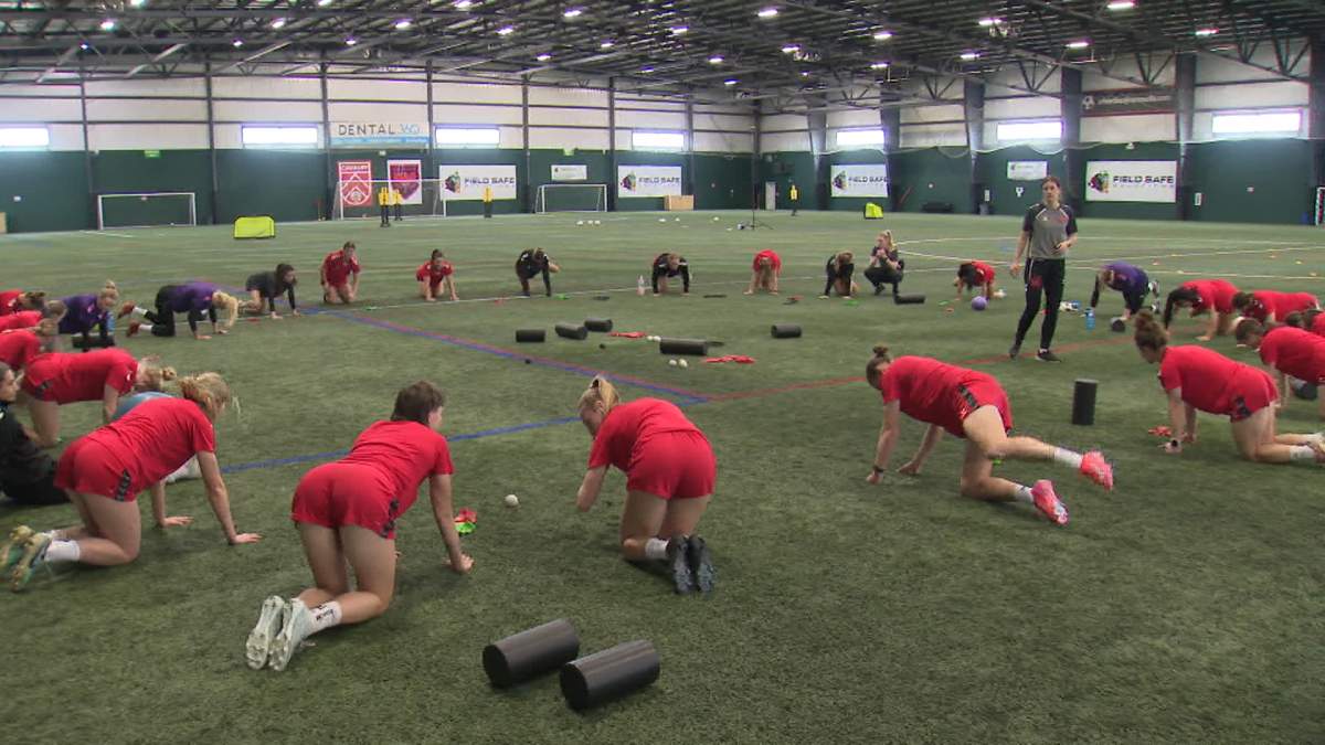 Players for Calgary Wild FC practice ahead of their game against Vancouver Rise FC on Wednesday in the inaugural game of the Northern Super League.