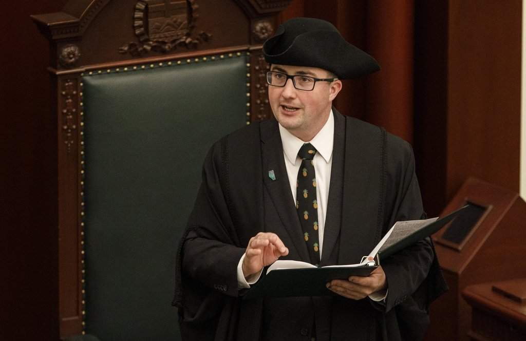Newly-elected speaker of the house Nathan Cooper speaks after being voted in, in Edmonton on May 21, 2019.