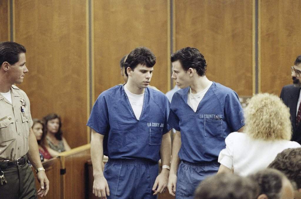 Lyle, left, and Erik Menendez leave a courtroom in Santa Monica, Calif.