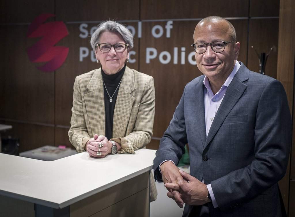 Martha Hall Findlay, left, chair of the University of Calgary School of Public Policy, and Carlo Dade, an international policy director at the school, in Calgary on Wednesday, May 14, 2025.
