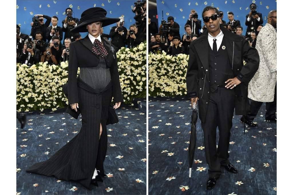 In this combination of images, Rihanna, left, and A$AP Rocky attend The Metropolitan Museum of Art's Costume Institute benefit gala celebrating the opening of the 'Superfine: Tailoring Black Style' exhibition on Monday, May 5, 2025, in New York.