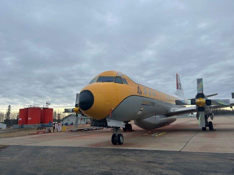 An airtanker on alert at the Slave Lake Airtanker Base on Friday, May 2, 2025.