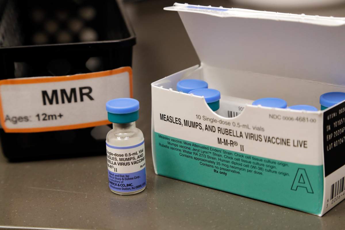 FILE - A dose of the measles, mumps and rubella vaccine is displayed at the Neighborcare Health clinics at Vashon Island High School in Vashon Island, Wash., on May 15, 2019. In a statement on Friday July 14, 2023, Britain’s Health Security Agency said that measles vaccination rates in parts of London have dropped so low that the capital could see tens of thousands of cases of the rash-causing disease unless immunization coverage is quickly boosted. 