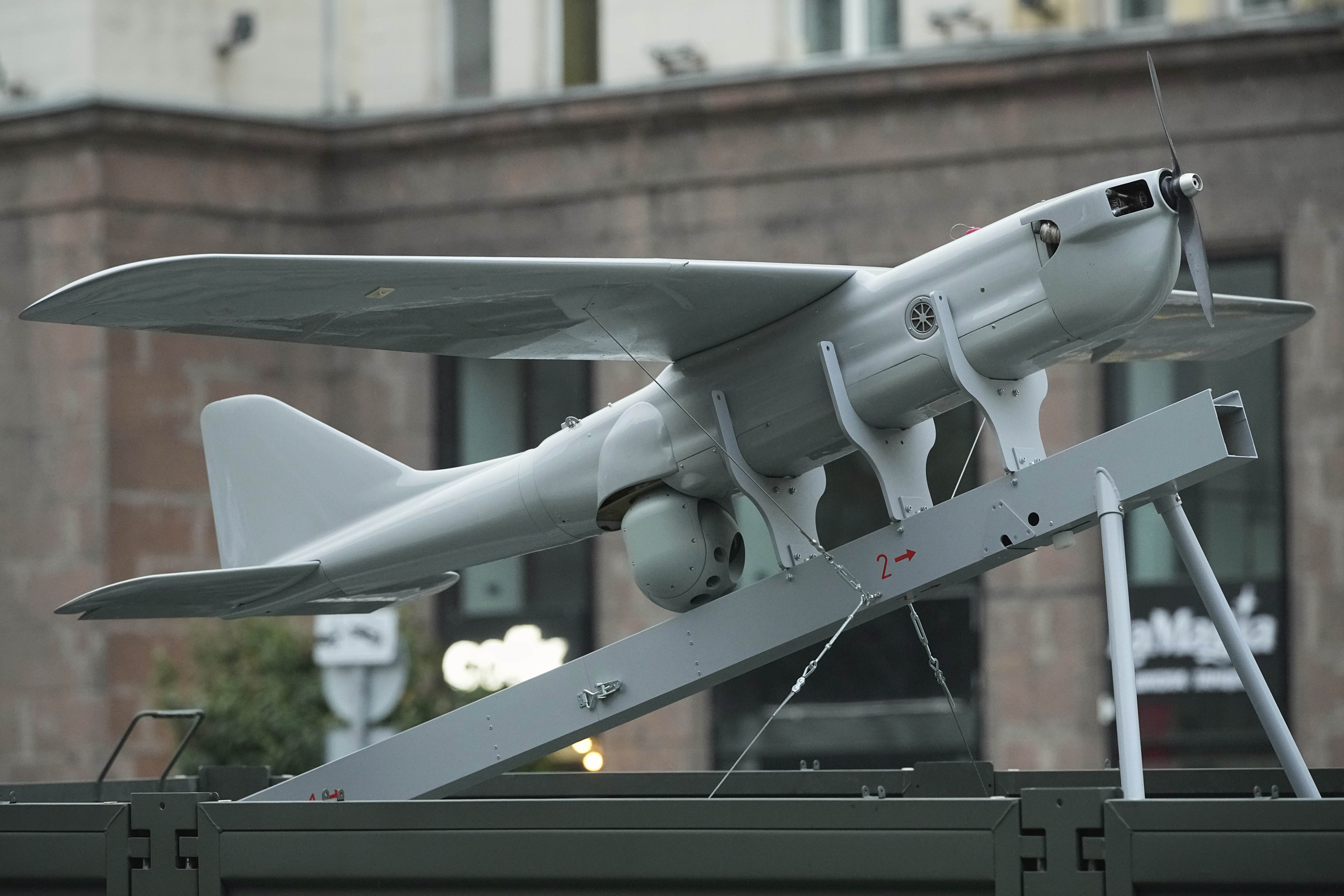 Russian military truck carrying Orlan drone at rehearsal for Victory Day parade Moscow, April 29, 2025. (AP Photo/Pavel Bednyakov).
