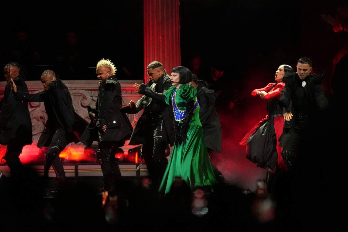 Lady Gaga, center, performs during her free concert on Copacabana Beach in Rio de Janeiro, Saturday, May 3, 2025.