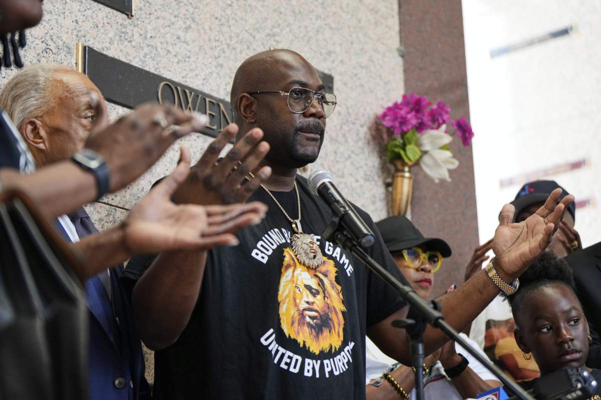 George Floyd's brother, Philonise Floyd, speaks during a memorial service on the anniversary of Floyd's death on Sunday, May 25, 2025, in Houston. (AP Photo/Ashley Landis).