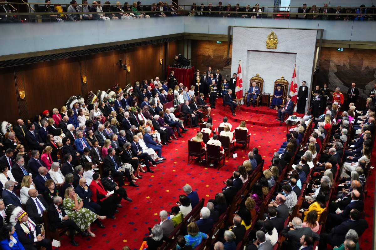 King Charles delivers the speech from the throne in the Senate in Ottawa on May 27, 2025.