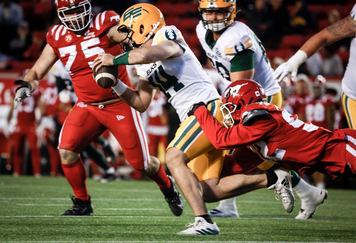 Edmonton Elks quarterback Cole Snyder, centre, is sacked by Calgary Stampeders' Shaun Peterson during second half CFL preseason football action in Calgary, Saturday, May 24, 2025.