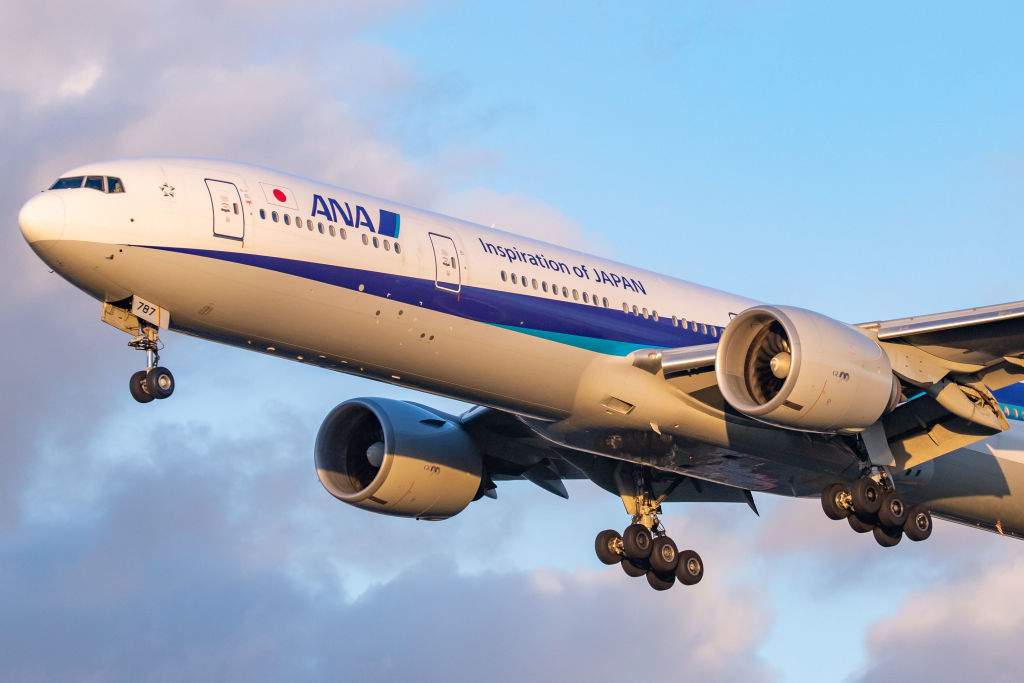 ANA All Nippon Airways Boeing 777-300 with registration JA787A landing at London Heathrow International Airport LHR / EGLL in England, UK.