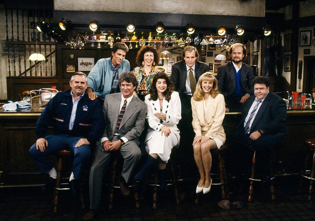 The cast of 'Cheers' poses for a photo on set in 1993.