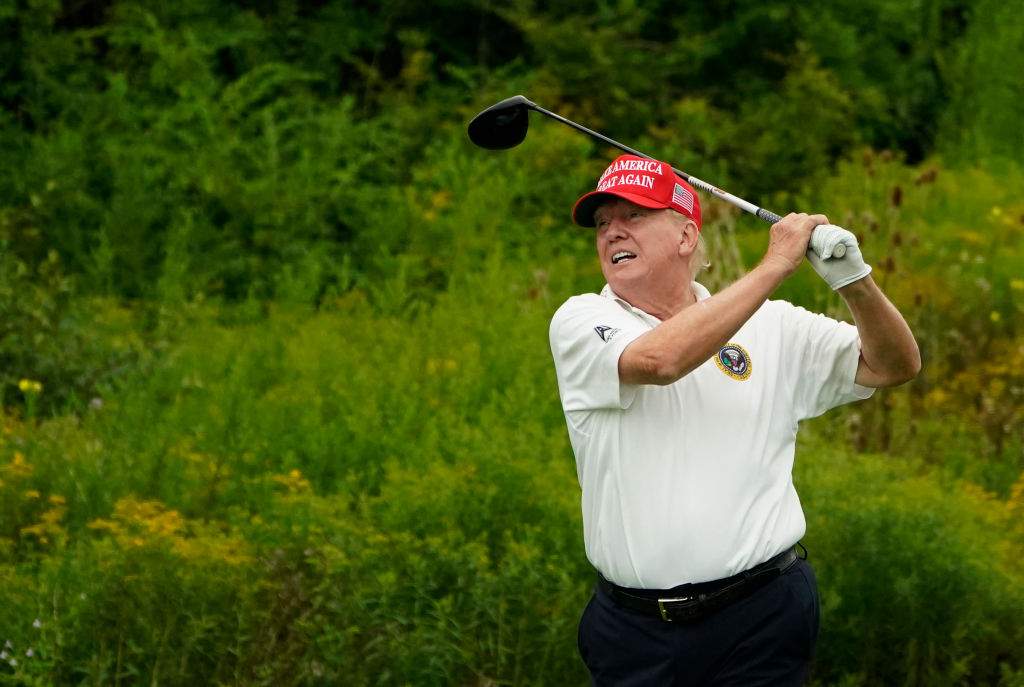 President Donald Trump plays golf during the Official Pro-Am Tournament ahead of the LIV Golf Invitational Series event at Trump National Golf Club Bedminster in Bedminster, New Jersey, on August 10, 2023.