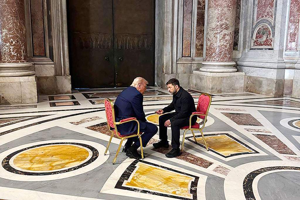 President Volodymyr Zelensky (R) meets with U.S. President Donald Trump (L) during Pope Francis's funeral at St. Peter's Basilica at the Vatican, on April 26, 2025 in Vatican City, Vatican.