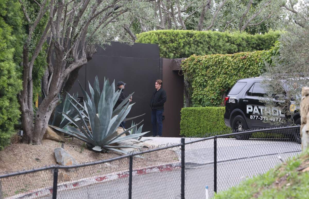 A general view of Jennifer Aniston's gate outside her home on May 5, 2025 in Bel Air, California.