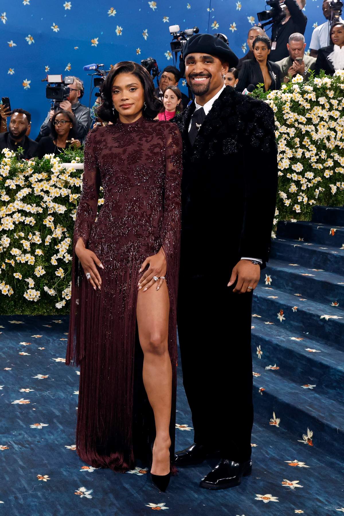 Bry Burrows and Jalen Hurts attend "Superfine: Tailoring Black Style", the 2025 Costume Institute Benefit, at Metropolitan Museum of Art on May 05, 2025 in New York City.